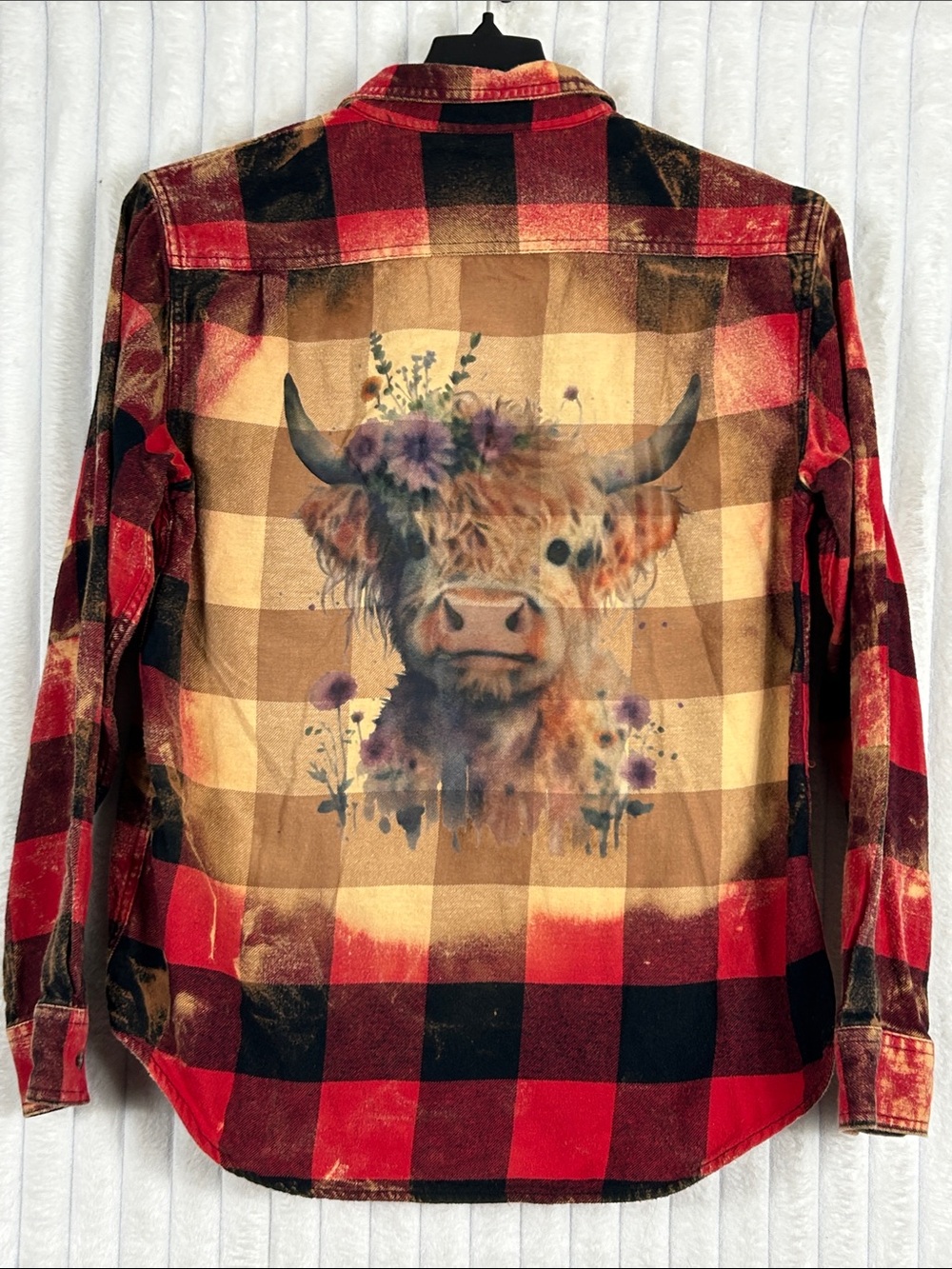 Upcycled bleache Red buffalo Plaid Button-Up Shirt with Highland Cow print M